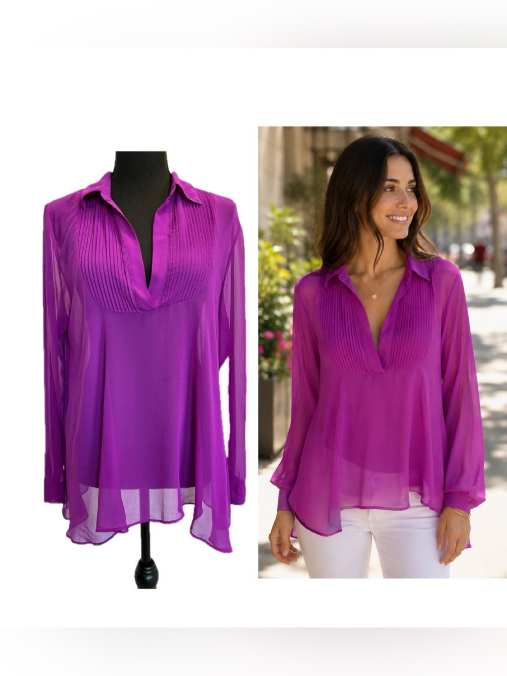 Sheer Pleated V-Neck Blouse - Purple